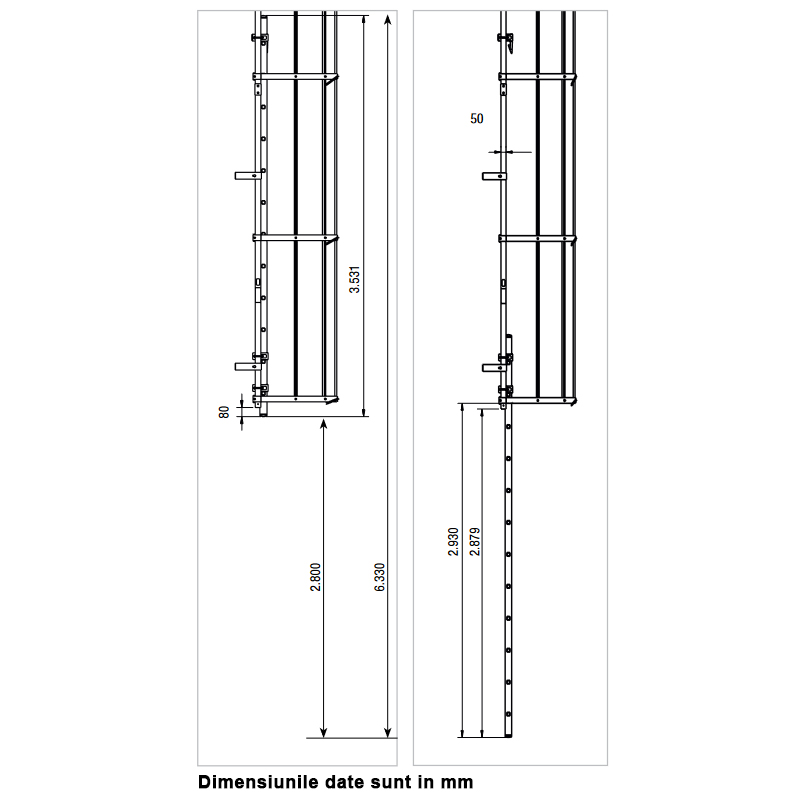 Tronson culisant pentru scarile din aluminiu, actionare de sus