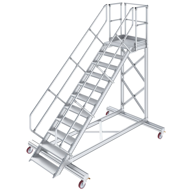 Scara cu podest mobila, cu trepte pe o parte, 11 trepte, latime trepte 600mm, 45°