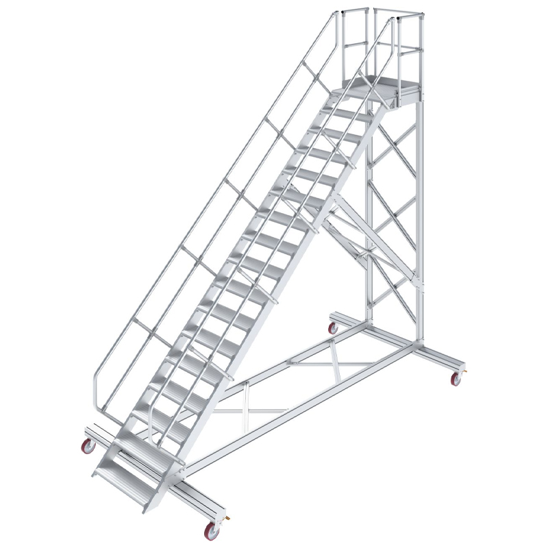 Scara cu podest mobila, cu trepte pe o parte, 17 trepte, latime trepte 600mm, 45°